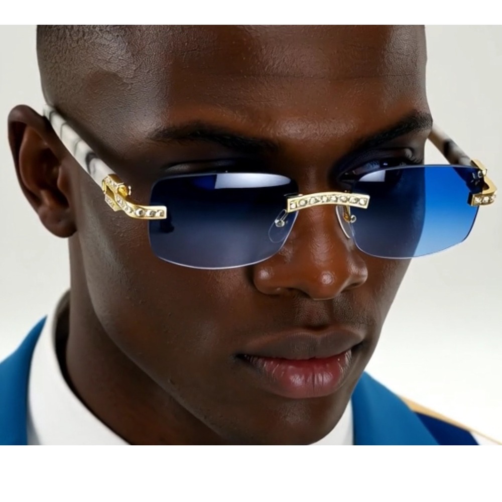 Rimless Sunglasses Blue Lens Gold Accents Fashion Eyewear Men Street Wear Trendy